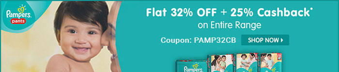 Flat 32% OFF & 25% Cashback* on Entire Pampers Range | Coupon-PAMP32CB