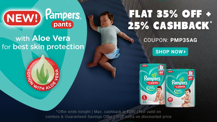 Flat 35% OFF & 25% Cashback* on Entire Pampers Range | Coupon : PMP35AG