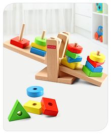 Babyhug Premium Wooden 16 pcs - 4 Shapes Sorting and Stacking See Saw Multicolor Toy| Educational Geometric Blocks Puzzle| BIS Certified| Non-Toxic| 3 Years+