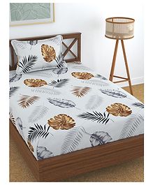 Florida 130 GSM Polycotton Single Bedsheet With 1 Pillow Cover Leaf Print - White Brown Grey