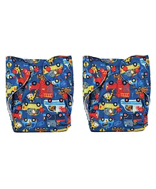 Adore Baby Unisize Adjustable Cloth Diaper with 5 Layer Charcoal Insert Vehicle Print Pack of 2 - Multicolour