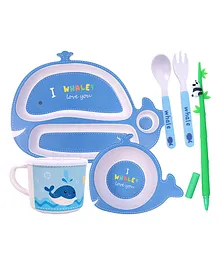 Toyshine 5 Piece Bamboo Dinnerware Plate and Bowl Set Eco Friendly and Dishwasher Safe Great Gift for Birthday Baby Shower Big Big Whale - Blue