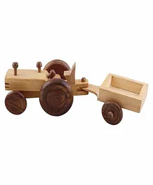 Desi Karigar Wooden Toy Tractor With Trolley - Brown Yellow