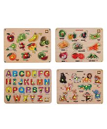 Mindmaker  Wooden Animals Alphabets Vegetables Fruits  Puzzle With Knobs Educational and Learning Pack Of 4 Multicolour - 54 Pieces