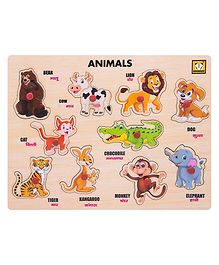 MINDMAKER - Wooden Animals Puzzle with Knobs Educational and Learning Toy Multicolour - 10 Pieces