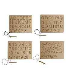 Mindmaker Super Combo Wooden Tracing Slate Writing Practice Board with Dummy Pencil Set of 4 Board for Kids Boys & Girls (ABC Capital Small Cursive and Number) - Brown