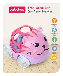 Babyhug Animal Themed Push & Go Free Wheel Car Cum Rattle Toy Cat - Pink