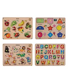 MINDMAKER Wooden Puzzle with Knobs Educational and Learning Toy Shapes Fruit Animal & Alphabet - 53 Pieces