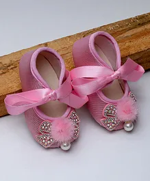 Daizy Shimmery Stone & Pearl With Pom Pom & Ribbon Detailed Booties - Pink