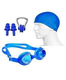 Axg New Goal Swimming Goggles Cap & Ear Nose Plugs Swimming Kit - Blue