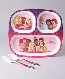 Disney Princess Rectangular Section Plate With Spoon & Fork - Pink
