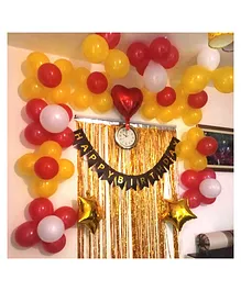 Bubble Trouble Happy Birthday Decoration Kit Combo with 1 Pc Black Birthday Banner 2 Pc Gold Star Foil Balloon 20 Pcs Red Gold White Balloons for Kids Birthday Decoration Item - Pack of 56