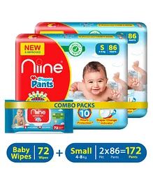 Niine Combo of Baby Diaper Pants Small S Size 4-8KG 172 Pants and Biodegradable Baby Wipes with lid 72 Wipes