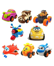 SVE Unbreakable Friction Powered Toy Set of Car Train Plane Helicopter Scooter Robot Car Robot Plane & Monster Car For Kids Pack of 8  Multicolor