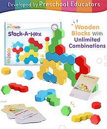 Intelliskills Stack A Hex Premium Wooden Building Blocks with Flashcards - 32 Pieces