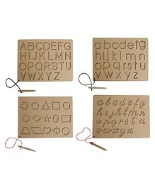 Mindmaker Wooden Tracing Slate Writing Practice Board with Dummy Pencil Set of 4 Board Capital Alphabets Small Alphabets Small Cursive Alphabets Shapes - Brown