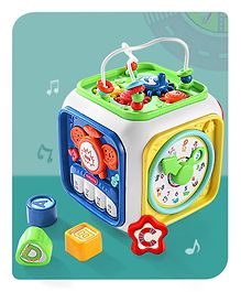 Babyhug Premium All In One Activity Cube| Educational & Learning Activity Toy |6 Interactive Sides of Play with Animals, Birds, Shape Sorter, Clock, Gears and Beads, Piano and Flash Drum and Learn to Drive Functions| BIS Certified| 3 Years+