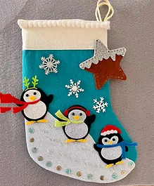 Kalacaree Christmas Theme Triplet Penguin Applique & Snowflakes Detailed Stocking Gift Bag - White