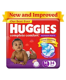 Huggies Complete Comfort Wonder Pants Medium (M) Size (7-12 Kgs) Baby Diaper Pants, 34 count, with 5 in 1 Comfort