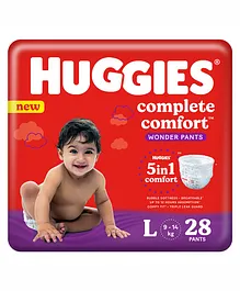 Huggies Complete Comfort Wonder Pants Large (L) Size (9-14 Kgs) Baby Diaper Pants, 28 count, with 5 in 1 Comfort