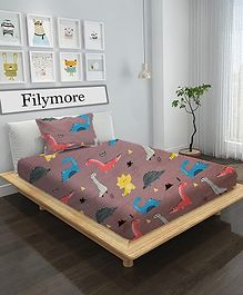 Filymore Kids Dinosaurs Printed Microfiber Designer BedSheet for Single Bed 1 Bedsheet 1 Pillow Cover- Brown