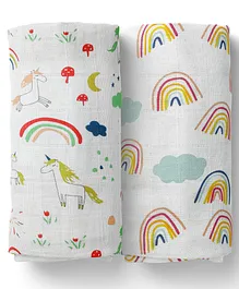 Moms Home Organic Cotton Baby Muslin Swaddle Rainbow & Unicorn Pack of 2 - Multicolour