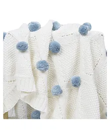 Haus & Kinder 100% Pure Cotton Knitted Pom Pom Blanket - White Blue