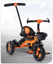 Babyhug Plug & Play Black Hawk Tricycle With Parental Push Handle & Storage Basket - Tiger Orange