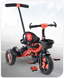 Babyhug Plug & Play Black Hawk Tricycle With Parental Push Handle & Storage Basket - Hot Red