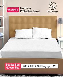 Babyhug Waterproof 100% Terry Cotton Breathable Fitted Double Bed Queen Size Mattress Protector Cover- White