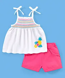 Babyhug 100% Cotton Sleeveless Top an d shorts set Chevron Embroidery and Fruits Print - White & Pink