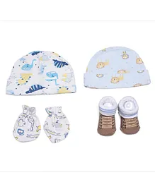Kidofash Dinosaur & Lion Printed Caps With Coordinating Mittens & Striped Designed Socks - Blue