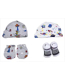 Kidofash Rockets & Stars Printed Caps  With Coordinating Mittens & Striped Designed Socks - Grey & White