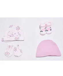 Kidofash Solid & Seamless Floral Printed Caps With Coordinating Mittens & Socks - Pink