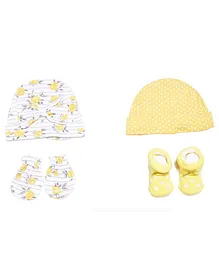 Kidofash Set Of 2 Polka Dots & Flower Printed Caps & 1 Pair Of Mitten 1 Pair Of Socks - Yellow