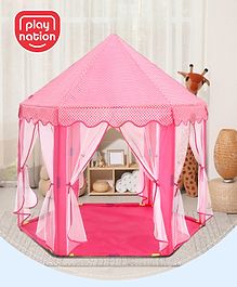 Play Nation Premium Royal Castle Pink Tent Playhouse for Kids (L130 x B130 x H133 cm)| Indoor & Outdoor Jumbo Castle Theme Play Tent with Mosquito Net Design| 6 Side Curtains Hexagon Castle Tent House for 2 Years+ Kids| Birthday Gift| BIS Certified