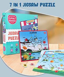 Play Nation 7 in 1 Premium Wooden Jigsaw puzzle - Set of 7| Fruits, Animals, Birds, Flowers, Vehicles, Vegetables, Colours and Shapes| Educational Toy for Cognitive Development| Montessori Learning Toy| BIS Certified| 3 Years+