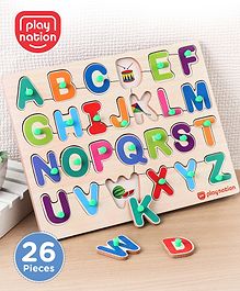 Play Nation Premium 26 pcs Capital Alphabet Wooden Board puzzle for Toddlers| ABC Puzzle Montessori Educational and Learning Toy | Shape Matching Puzzle |Preschool Colorful Knob and Peg Puzzle| BIS Certified| 18+ months