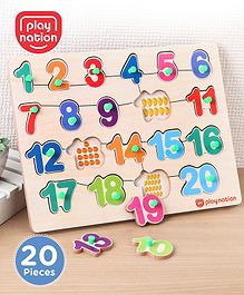 Play Nation Premium 20 pcs Wooden Number Board puzzle for Toddlers| 123 Puzzle Montessori Educational and Learning Toy | Shape Matching Puzzle |Preschool Colorful Knob and Peg Puzzle| BIS Certified| 18+ months