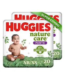 Huggies Nature Care Pants, New Born/Extra Small Size (Upto 5 kgs) Premium Baby Diaper Pants, Combo Pack 40 Count, Made with 100% Organic Cotton