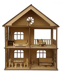 MINDMAKER Wooden Dollhouse Construction Kit with Assembly Instructions & with Furniture - Brown