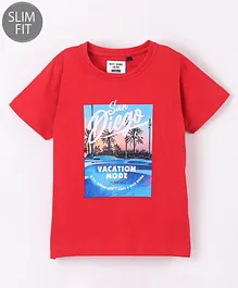 Ruff Sinker Knit Half Sleeves Slim Fit T-Shirt Text Print- Red