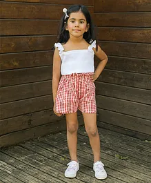 Fairies Forever Sleeveless Ruffled Ribbed Crop Top With Checkered Shorts - White Red