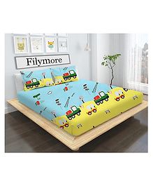 Filymore Car Printed Double Bedsheet with 2 Pillow Cover - Sky blue