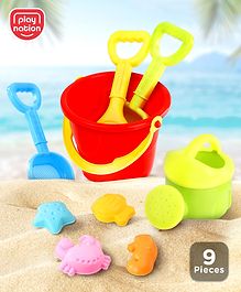 Play Nation 9 Pcs Beach Playset with Bucket, Shovels & Molds| Sand Game Castle Building Beach Tool Kit For 18 Months+| Summer Fun Creative Activity Playset with Starfish, Fish, Crab and Seahorse| Useful for Gardening & Outdoor Tool| BIS Certified