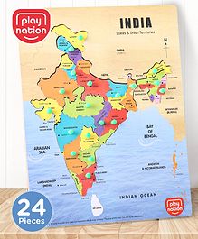 Play Nation India Map Wooden Peg Puzzle - 24 Pieces| Educational and Learning Montessori Knob and Peg Puzzle for Kids| Learn Indian States & Union Territories| BIS Certified| 3 Years+