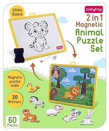 Babyhug 60 Pcs Magnetic Animal Puzzle Set with 2 in 1 Board| Playset With Write & Wipe Feature with Sketch Pen and Duster| Learning and Educational Toy for 4-6 Years Kids| Gifting Toy| BIS Certified