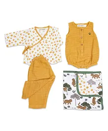 Masilo Organic Cotton Full Sleeveless Tiger Printed Onesie Top & Pajama With Muslin Blanket Set - Mustard Yellow
