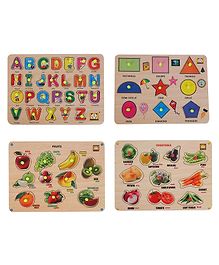 MINDMAKER  Wooden Puzzle with Knobs Educational and Learning Toy for Kids Alphabets Shapes Fruits Vegetables -  4 Pieces