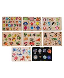 MINDMAKER Wooden Puzzle with Knobs Educational and Learning Toy for Kids Alphabets Numbers Shapes Fruits Vegetables Animals - 8 pieces